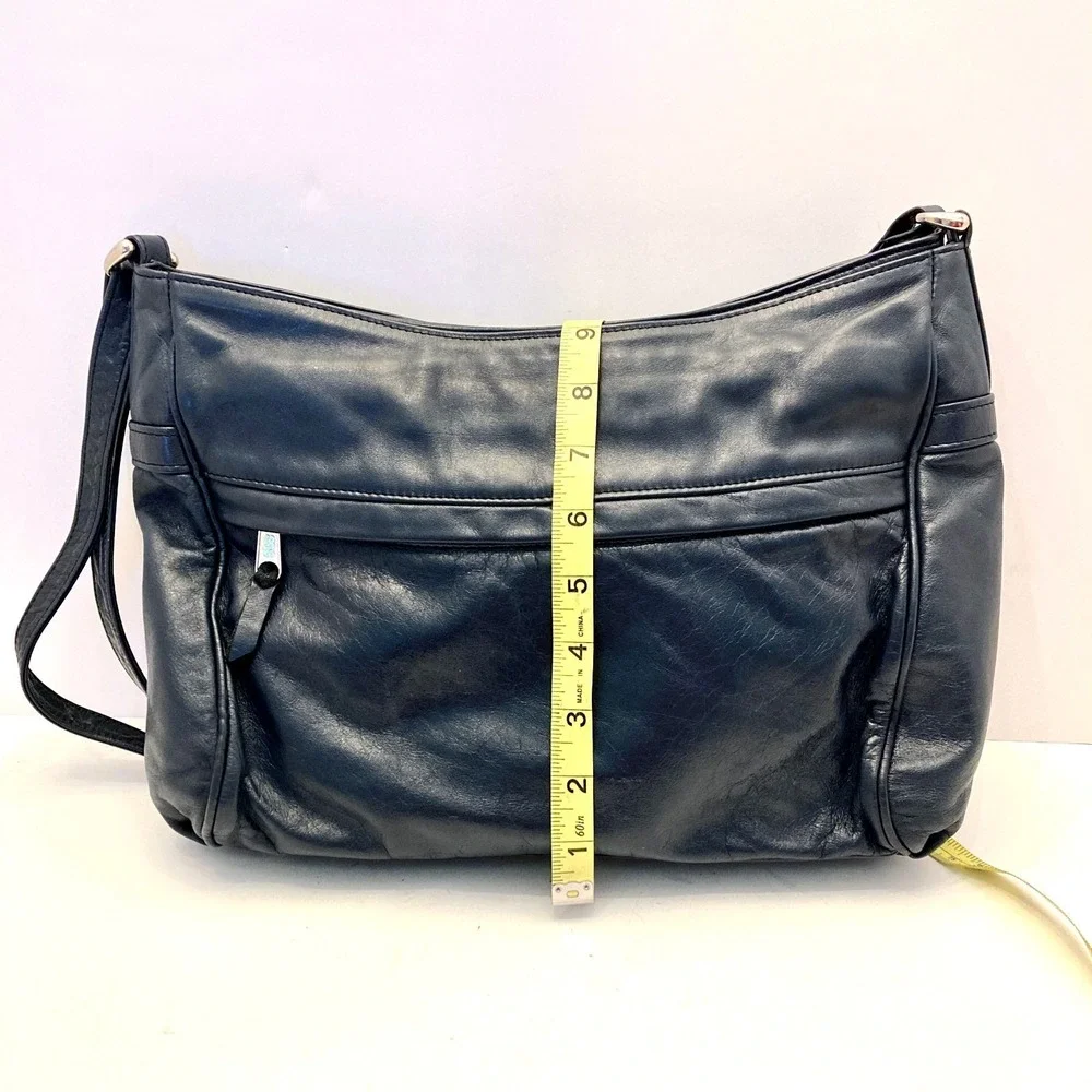 Vtg SAS Shoulder Bag Navy Blue Leather Purse Hand Sewn Made USA‎ Pockets - Picture 5 of 13